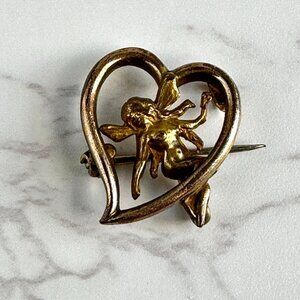 Antique 800 Silver Watch Pin, Fairy in Heart Brooch, Art Nouveau Figural Pin